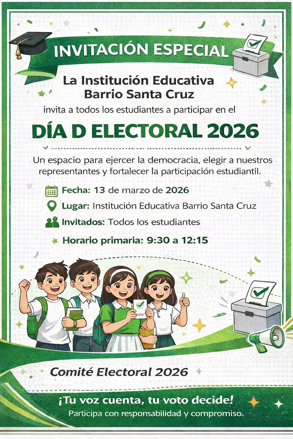 Invitación a estudiantes de primaria a jornada de la democracia escolar, día D. Marzo 13 de 2026.